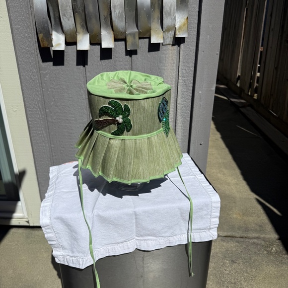 Pastel green custom made bucket hat with beaded patches. main image 4